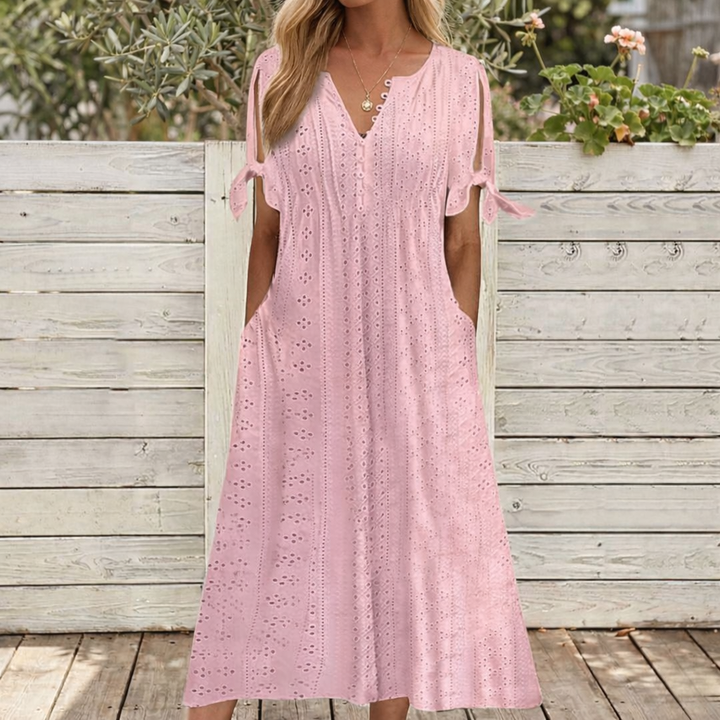 Eliana - V-Neck Lace Trim Knee-Length Dress