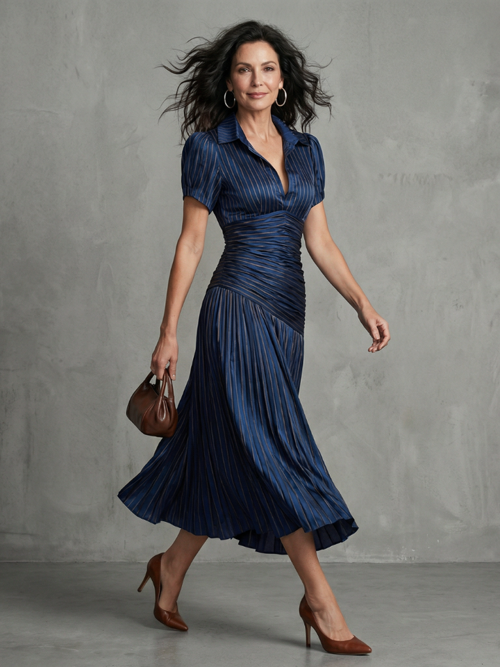 Theodora | Pleated Waistline Stripe Dress