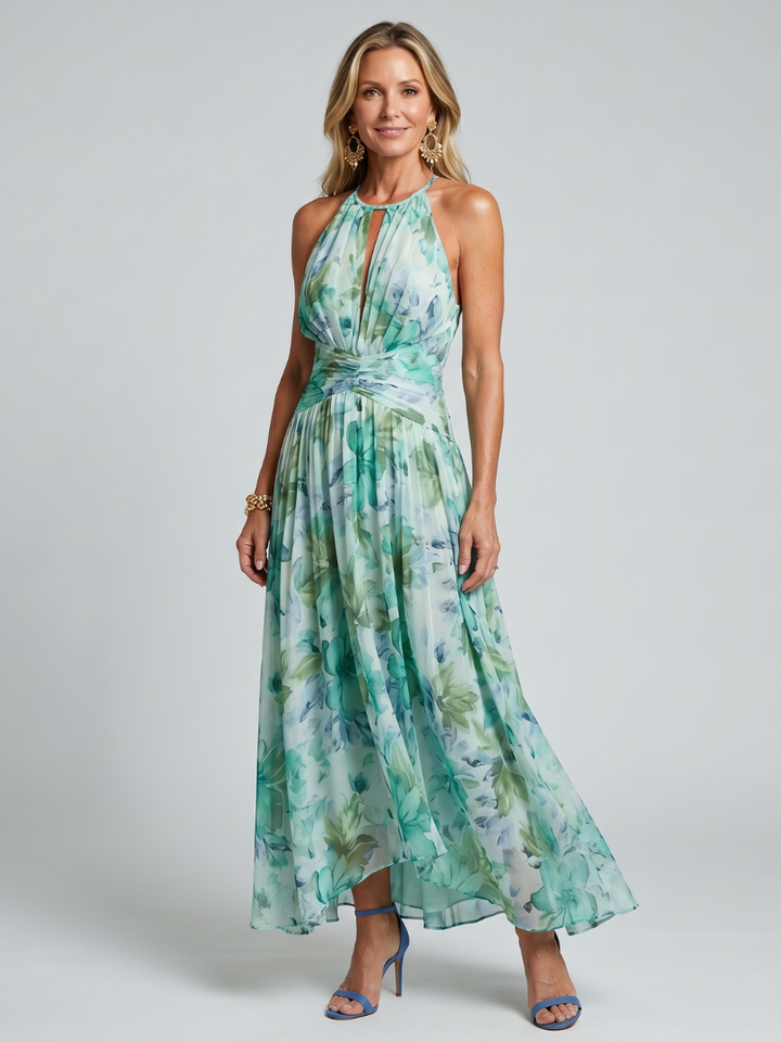 Portia | Pleated Halter Soft Floral Pattern Dress