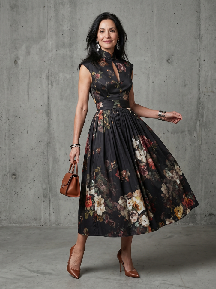 Greta | High Neck Keyhole Floral Pleated Dress