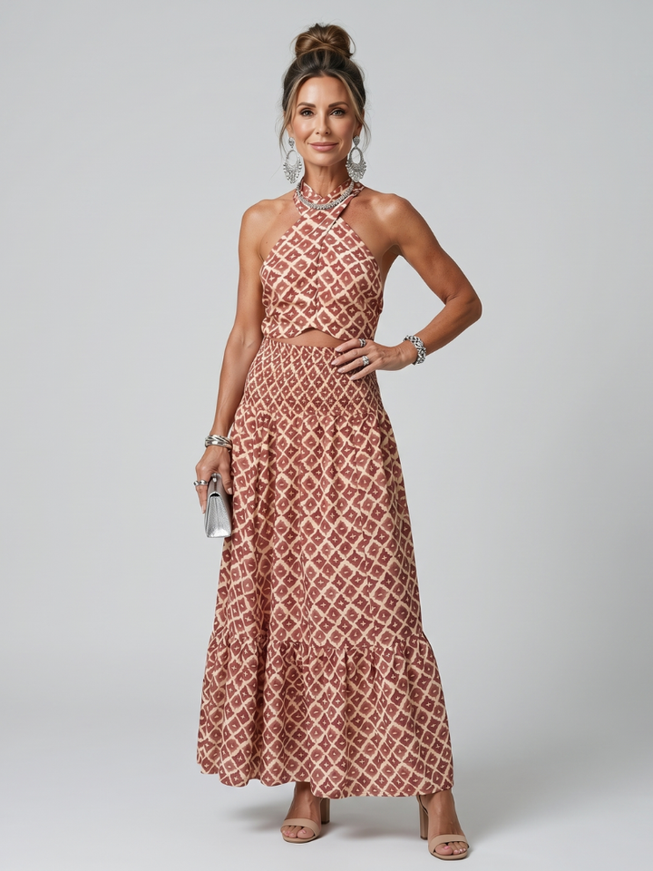 Amira | Cross Halter Geometric Print Cutout Dress