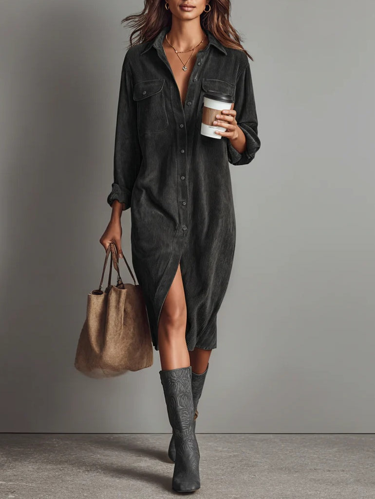 Emily – Loose Corduroy Midi Dress with Double Chest Pockets and Button Closure