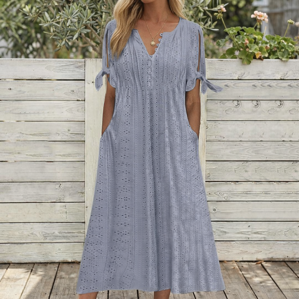 Eliana - V-Neck Lace Trim Knee-Length Dress