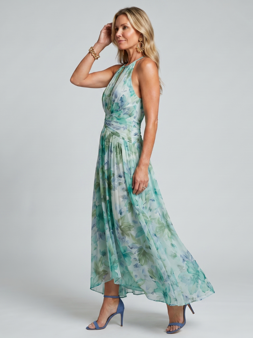 Portia | Pleated Halter Soft Floral Pattern Dress