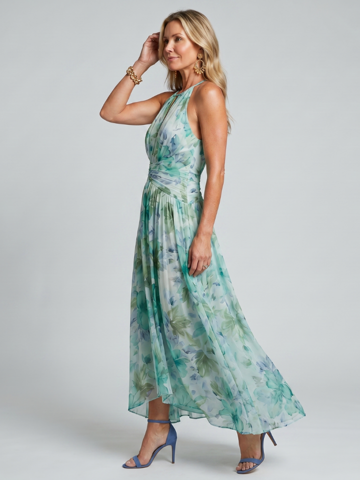 Portia | Pleated Halter Soft Floral Pattern Dress