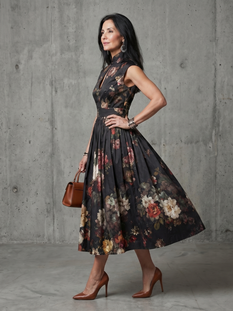 Greta | High Neck Keyhole Floral Pleated Dress