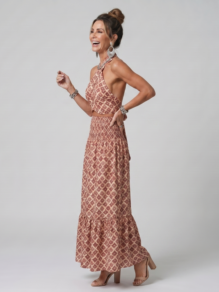 Amira | Cross Halter Geometric Print Cutout Dress