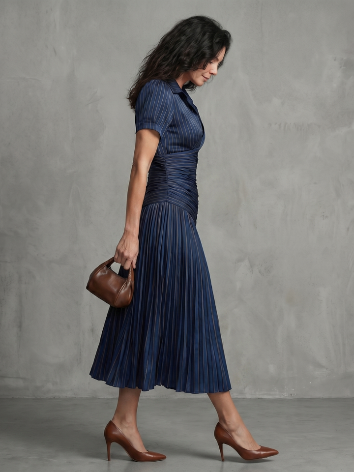 Theodora | Pleated Waistline Stripe Dress