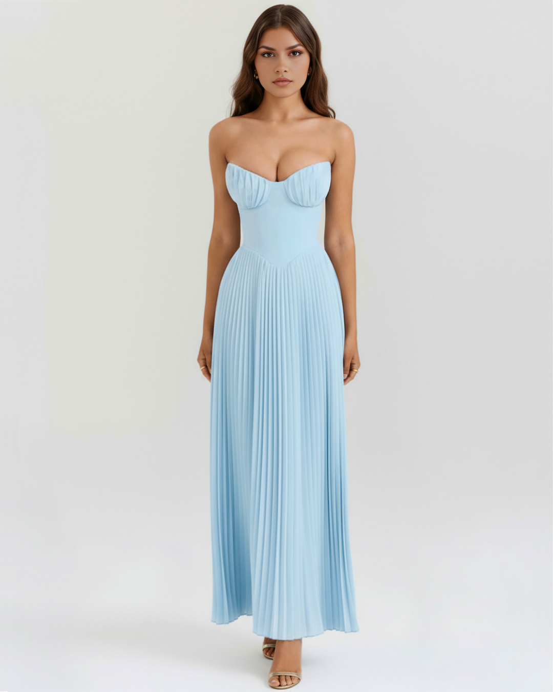 Aurelia | Blue Pleated Maxi Dress with Sculptural Shell Corset Bodice