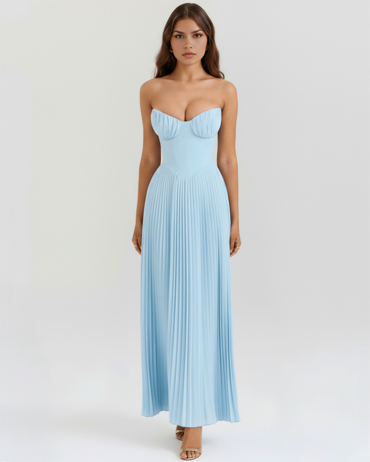 Aurelia | Blue Pleated Maxi Dress with Sculptural Shell Corset Bodice