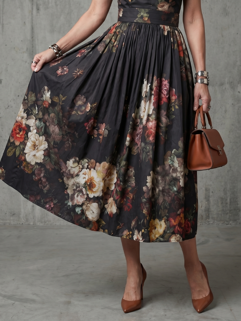 Greta | High Neck Keyhole Floral Pleated Dress