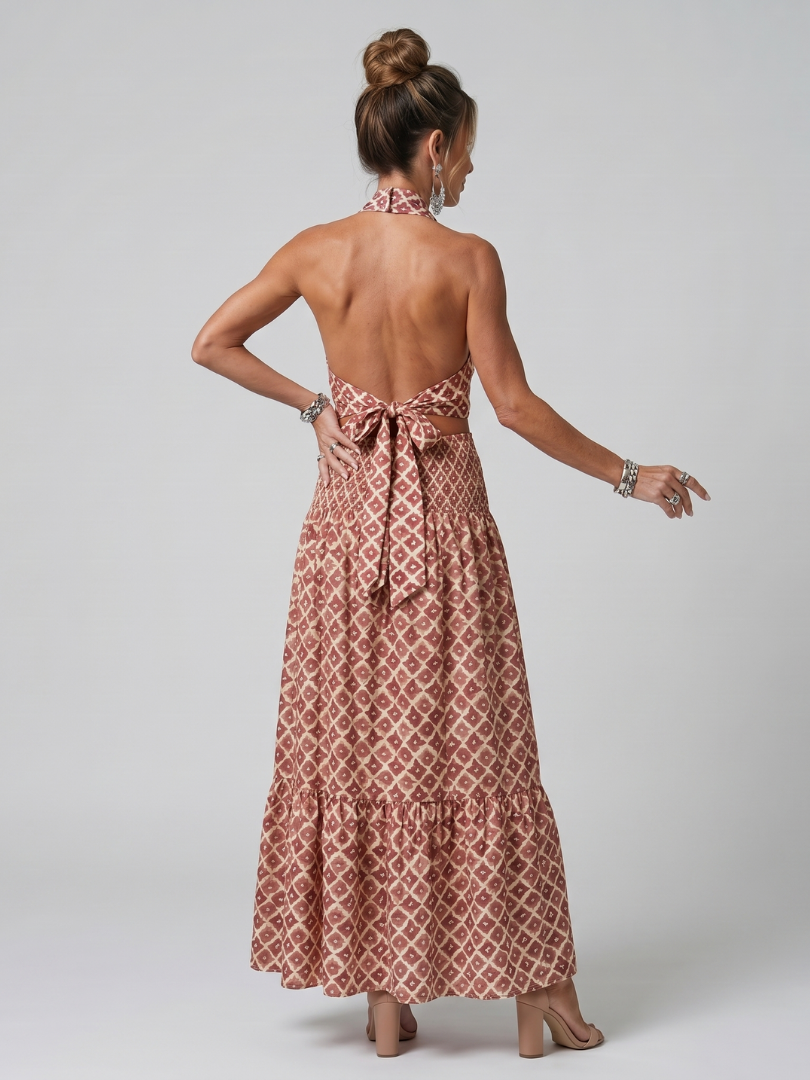 Amira | Cross Halter Geometric Print Cutout Dress