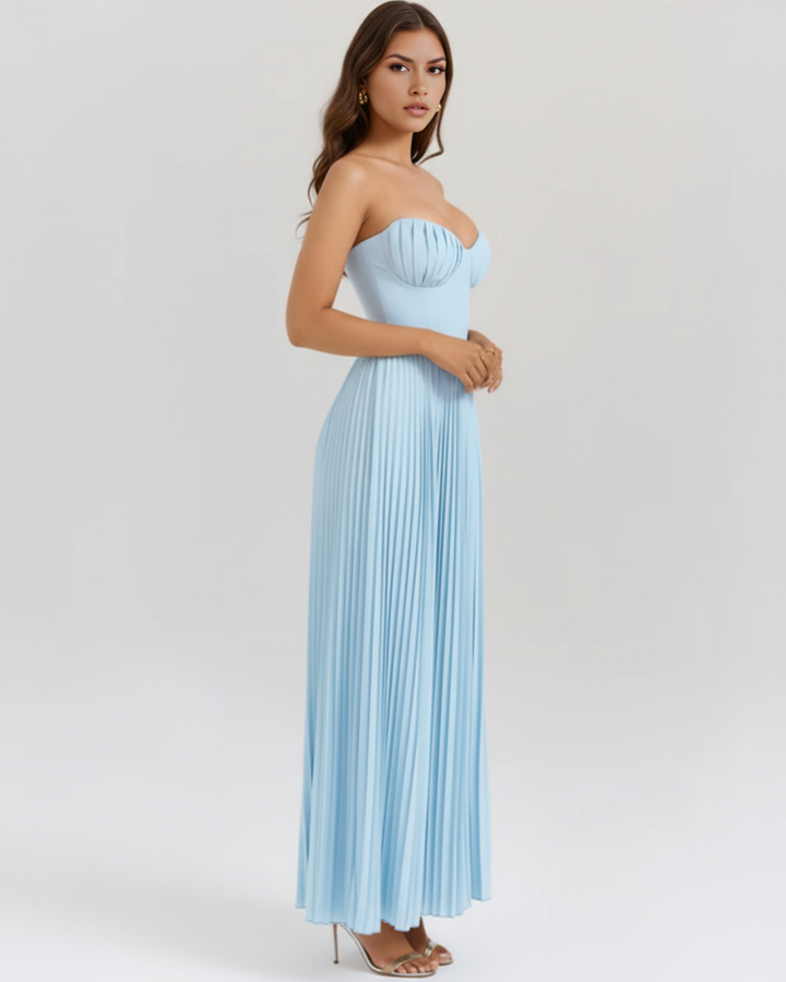 Aurelia | Blue Pleated Maxi Dress with Sculptural Shell Corset Bodice