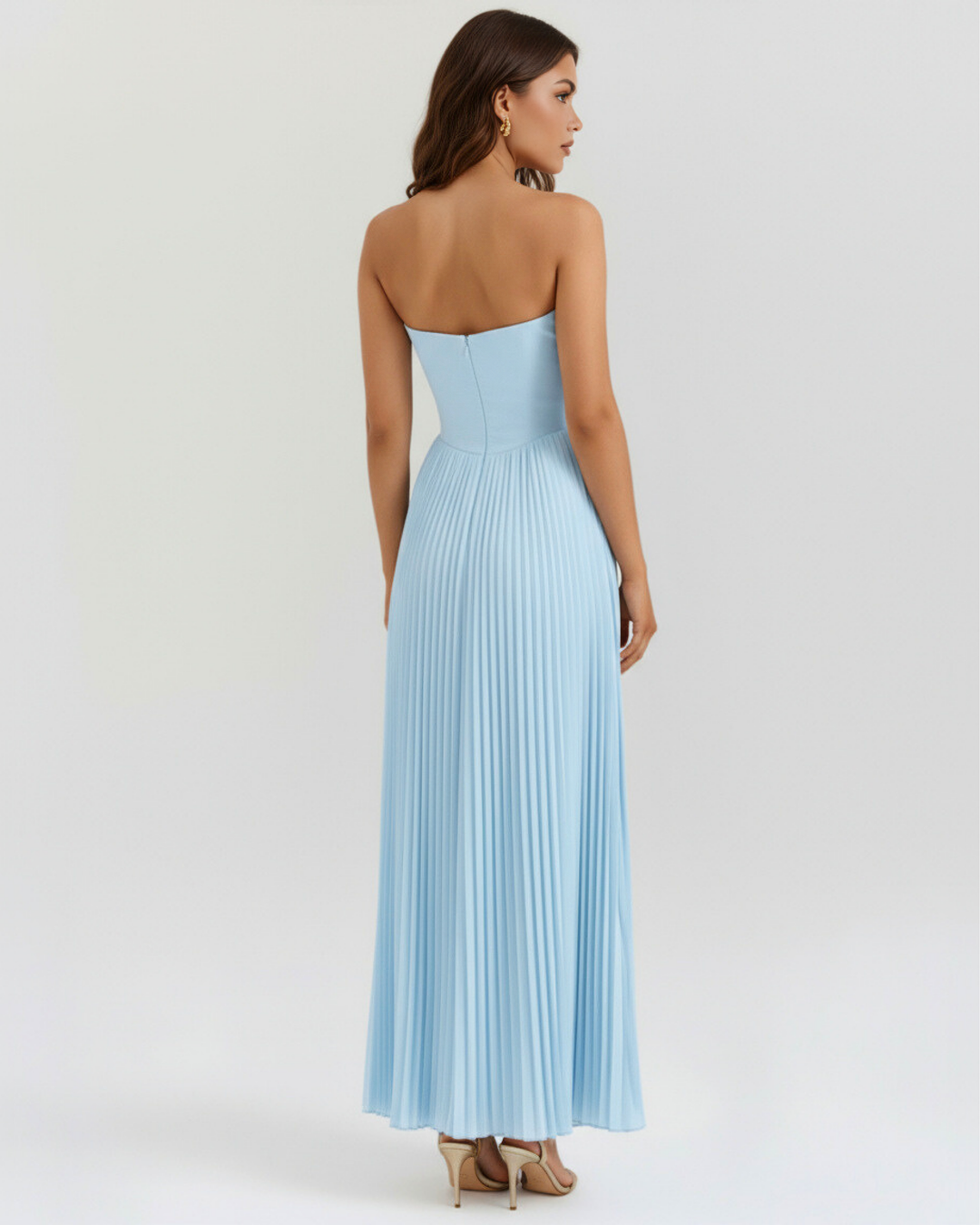 Aurelia | Blue Pleated Maxi Dress with Sculptural Shell Corset Bodice