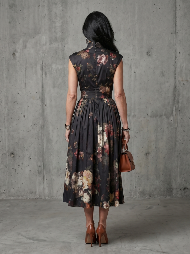 Greta | High Neck Keyhole Floral Pleated Dress