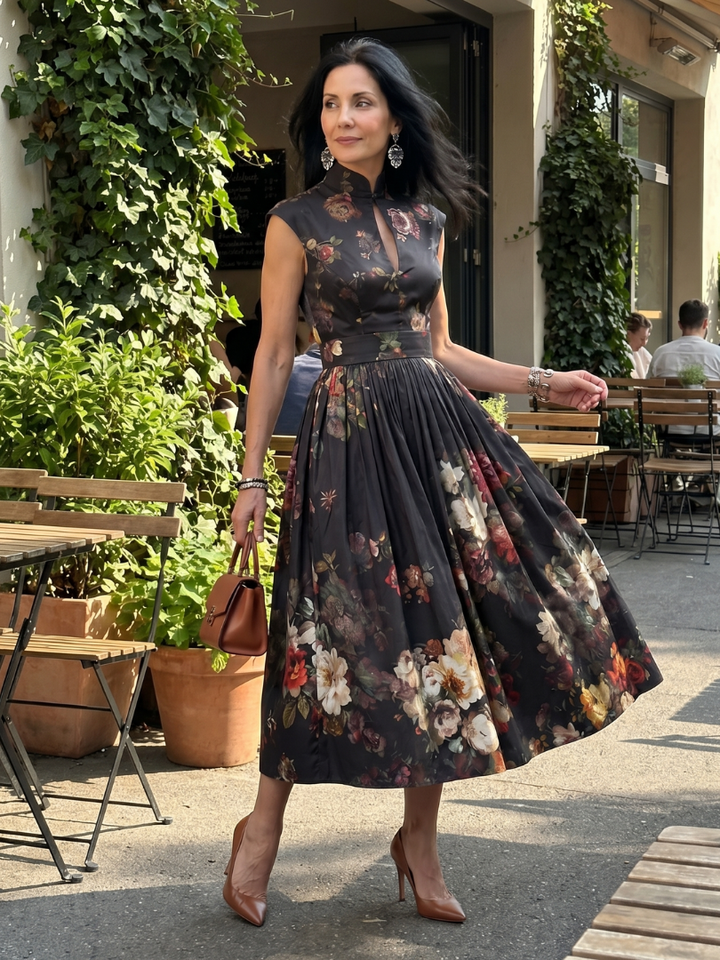 Greta | High Neck Keyhole Floral Pleated Dress