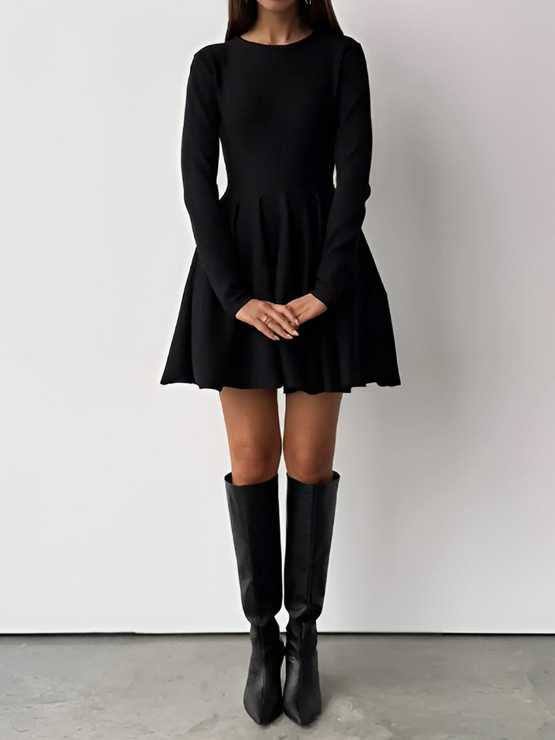 Lovie | Trendy Fit-and-Flare Dress - Structured Skirt, Round Neckline with Long Sleeves