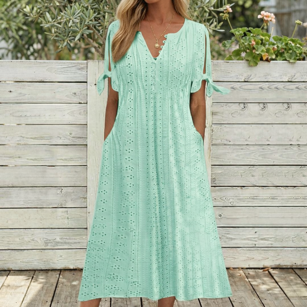 Eliana - V-Neck Lace Trim Knee-Length Dress
