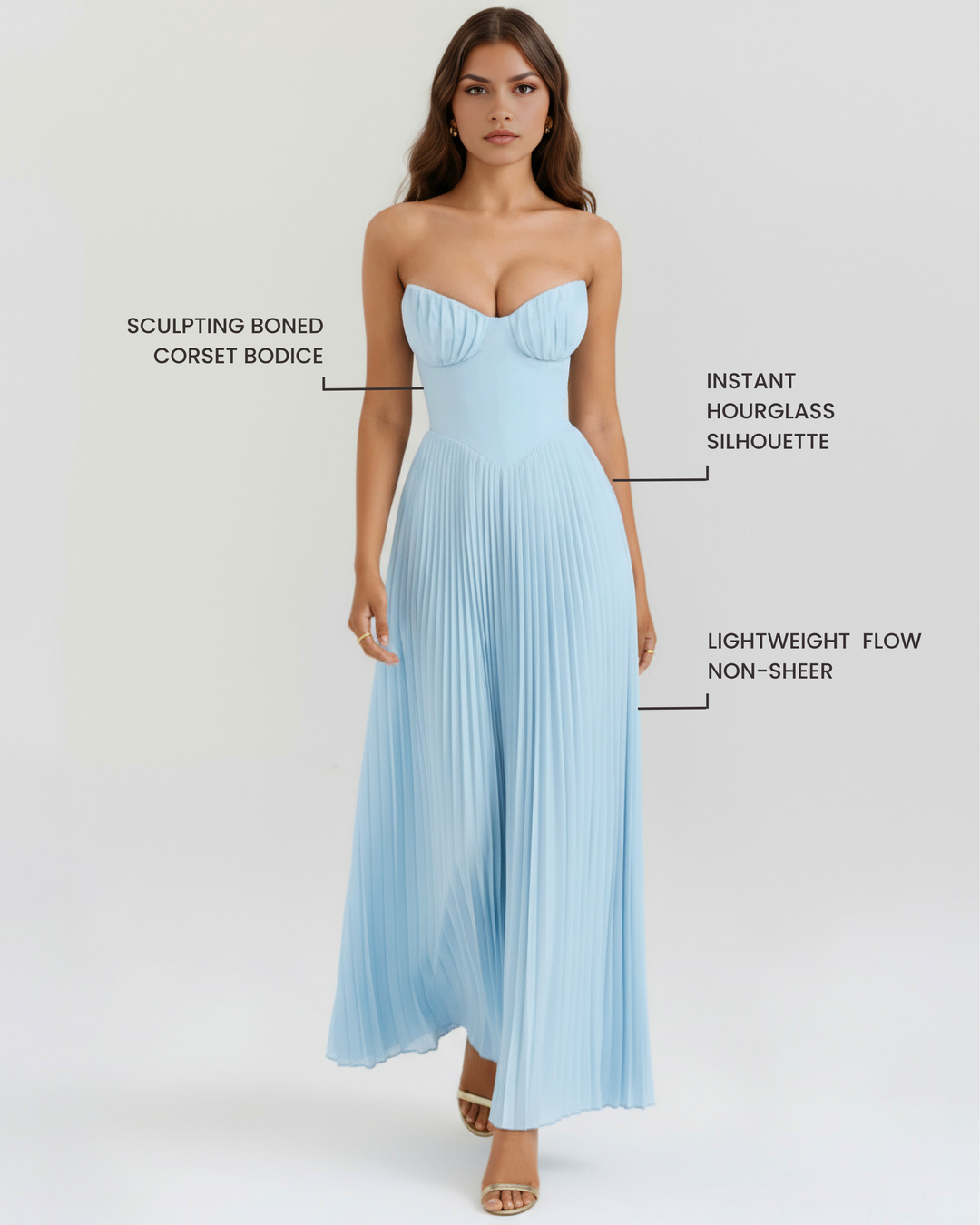 Aurelia | Blue Pleated Maxi Dress with Sculptural Shell Corset Bodice
