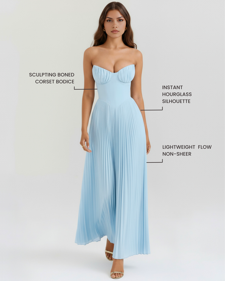 Aurelia | Blue Pleated Maxi Dress with Sculptural Shell Corset Bodice