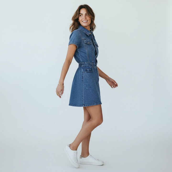 Gala | Trendy Mini Denim Dress for Women – Short Sleeves & Buttons