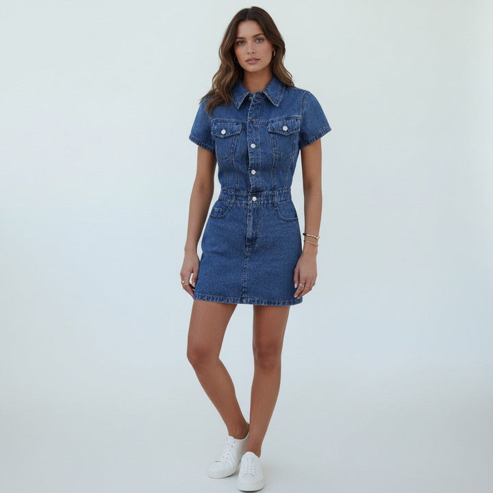 Gala | Trendy Mini Denim Dress for Women – Short Sleeves & Buttons