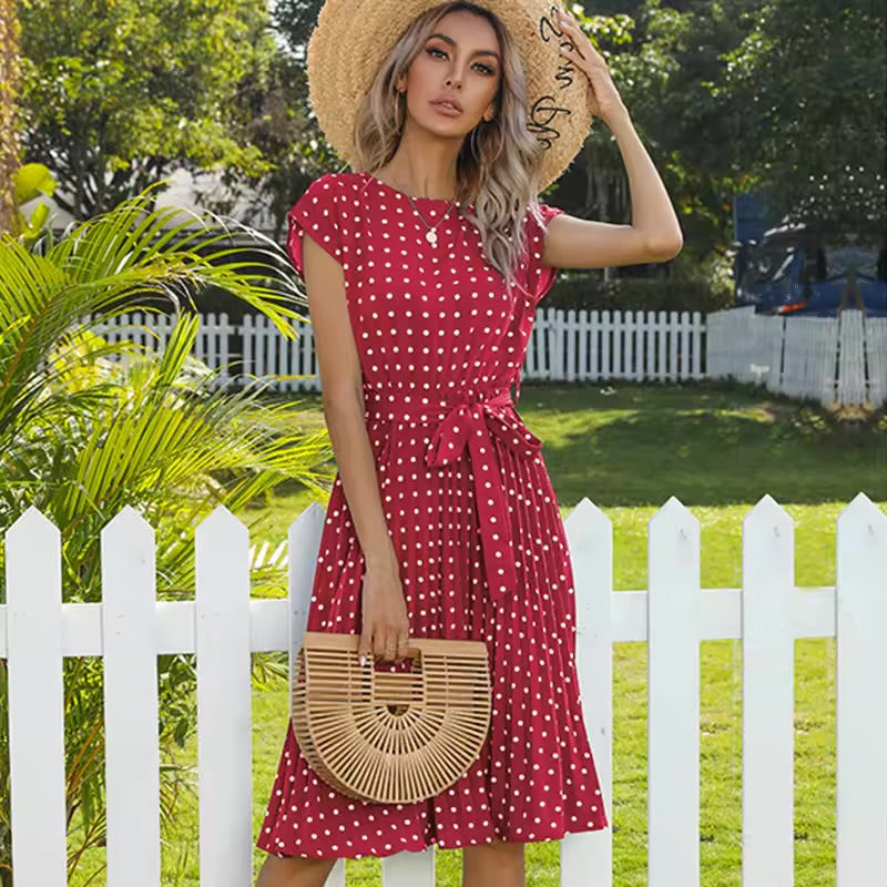 Avelina – Polka Dot Pleated Midi Dress