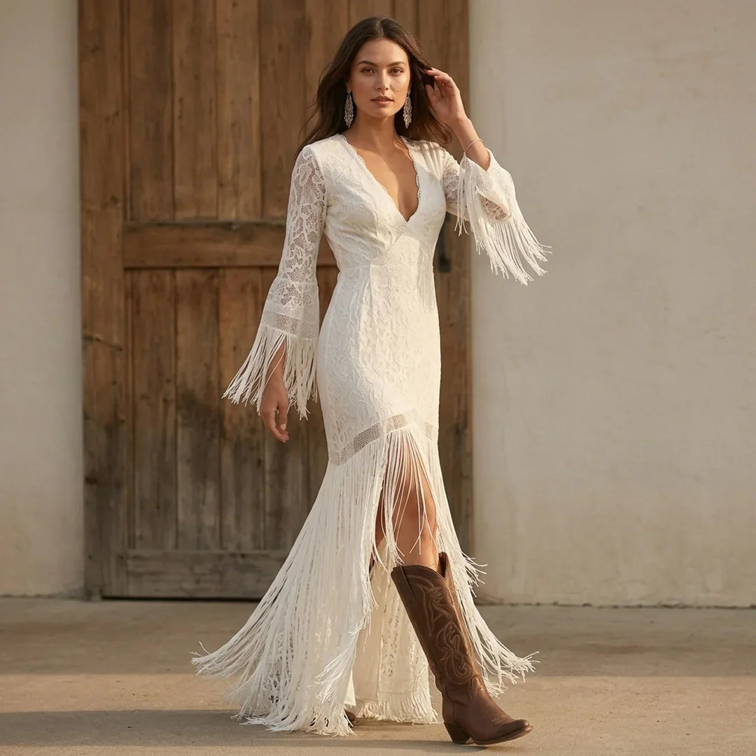 Sienna - Boho Lace V-Neck Tassel Maxi Dress