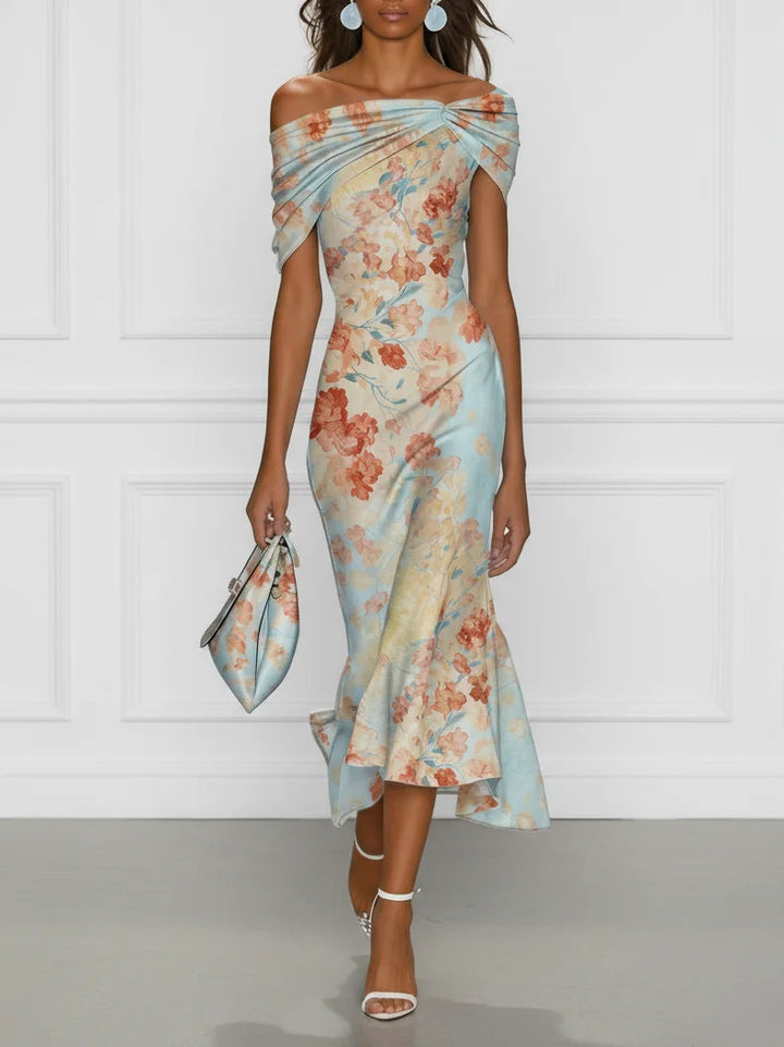 Vittoria - Midi Mermaid Dress, Off-Shoulder, Sleeveless, Blue Floral Pattern