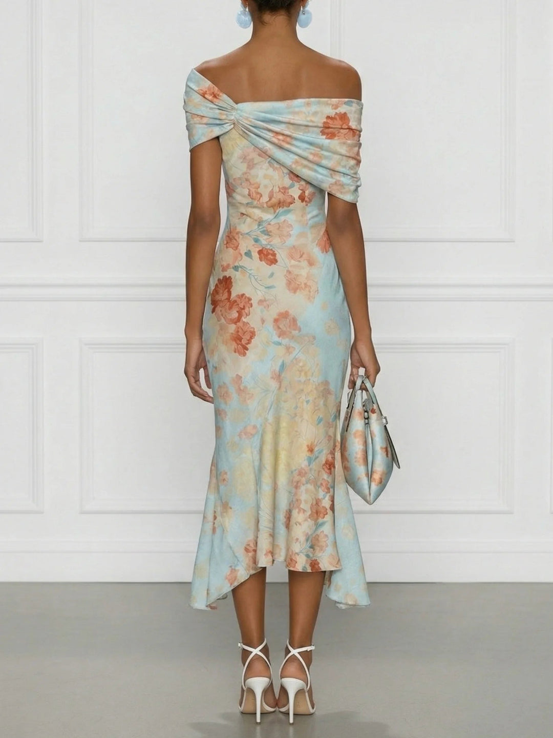 Vittoria - Midi Mermaid Dress, Off-Shoulder, Sleeveless, Blue Floral Pattern