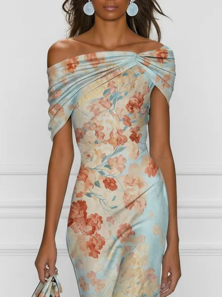 Vittoria - Midi Mermaid Dress, Off-Shoulder, Sleeveless, Blue Floral Pattern