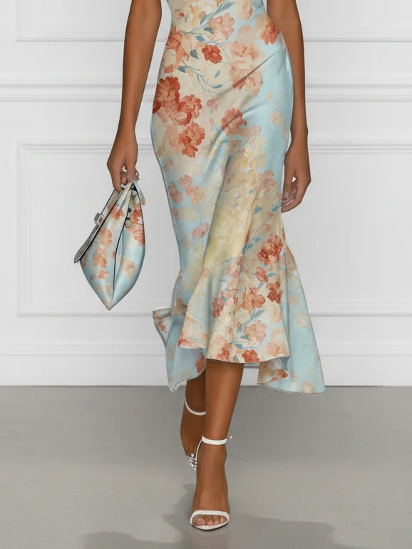 Vittoria - Midi Mermaid Dress, Off-Shoulder, Sleeveless, Blue Floral Pattern