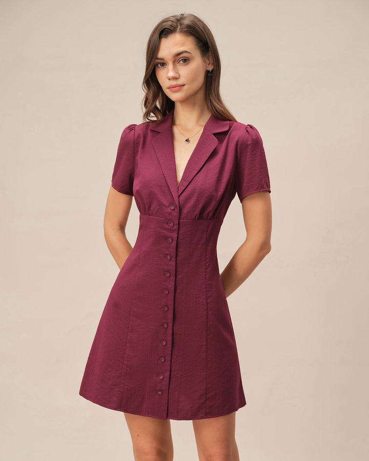 Rina | V-Neck Women's Mini Dress - Flattering A-Line with Buttons