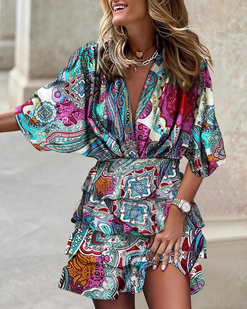 Camille | Women’s Boho Printed Ruffle Mini Dress