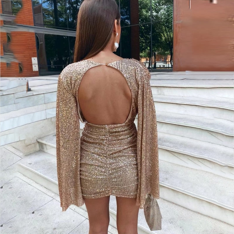 Sarena | Glamorous Glitter Dress with V-Neck and Open Back