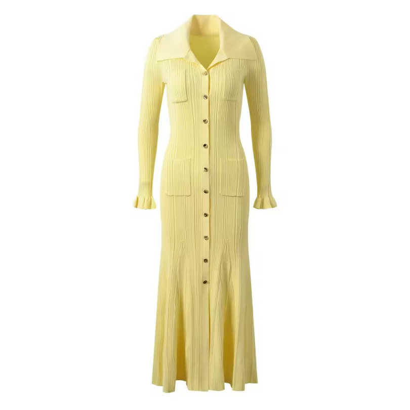 Victoria – Elegant Knitted Maxi Dress with Polo Collar