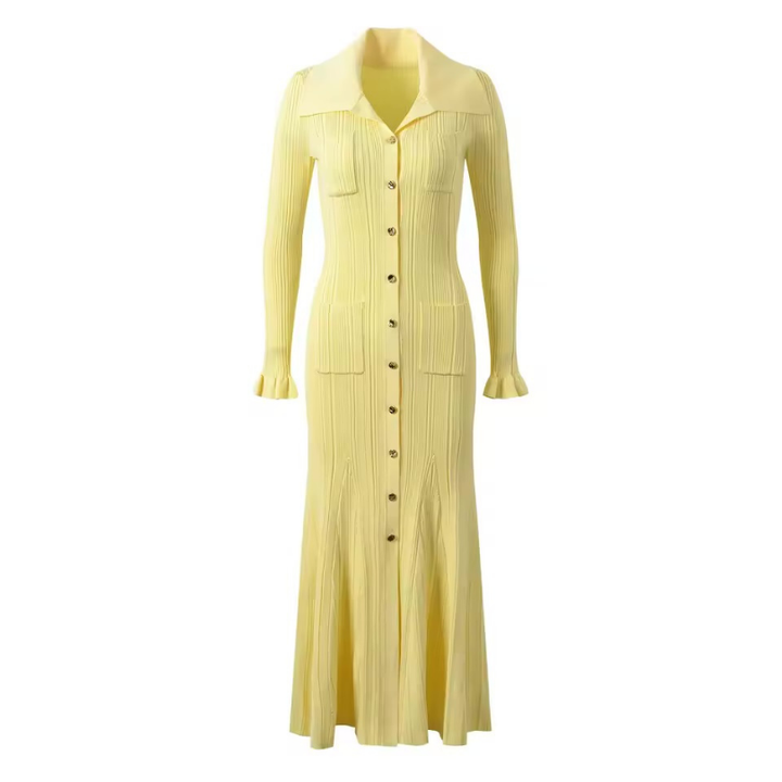 Victoria – Elegant Knitted Maxi Dress with Polo Collar