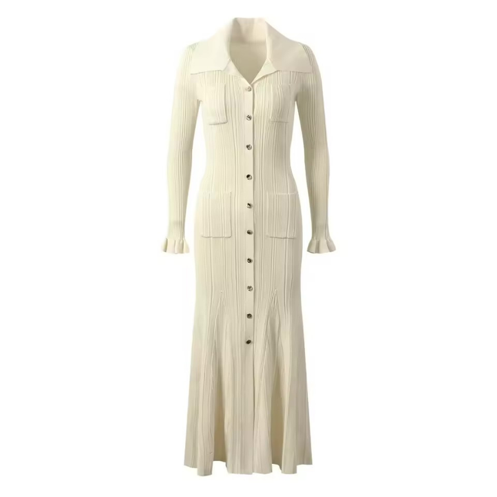 Victoria – Elegant Knitted Maxi Dress with Polo Collar