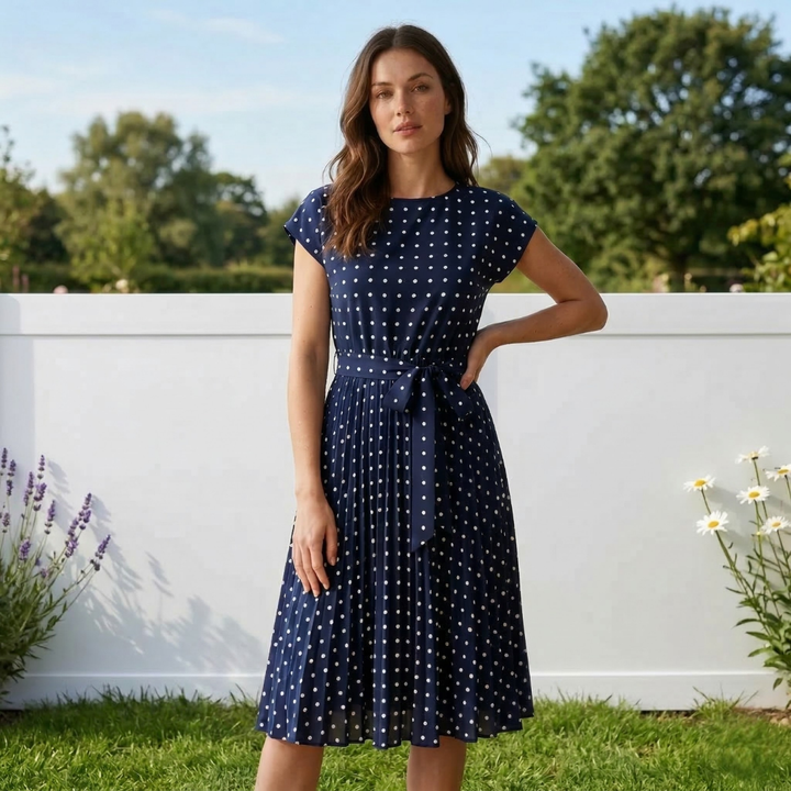 Avelina – Polka Dot Pleated Midi Dress