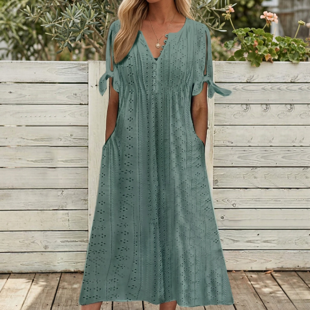 Eliana - V-Neck Lace Trim Knee-Length Dress