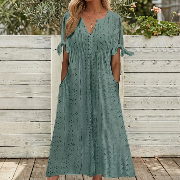 Eliana - V-Neck Lace Trim Knee-Length Dress