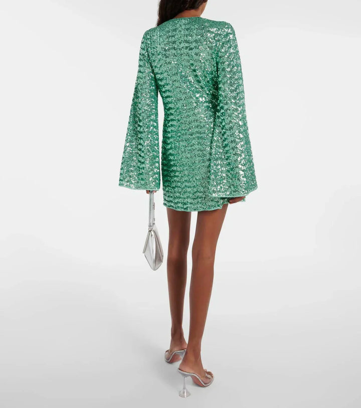 Valerie | Glitter Mini Dress - V-Neck & Wide Sleeves