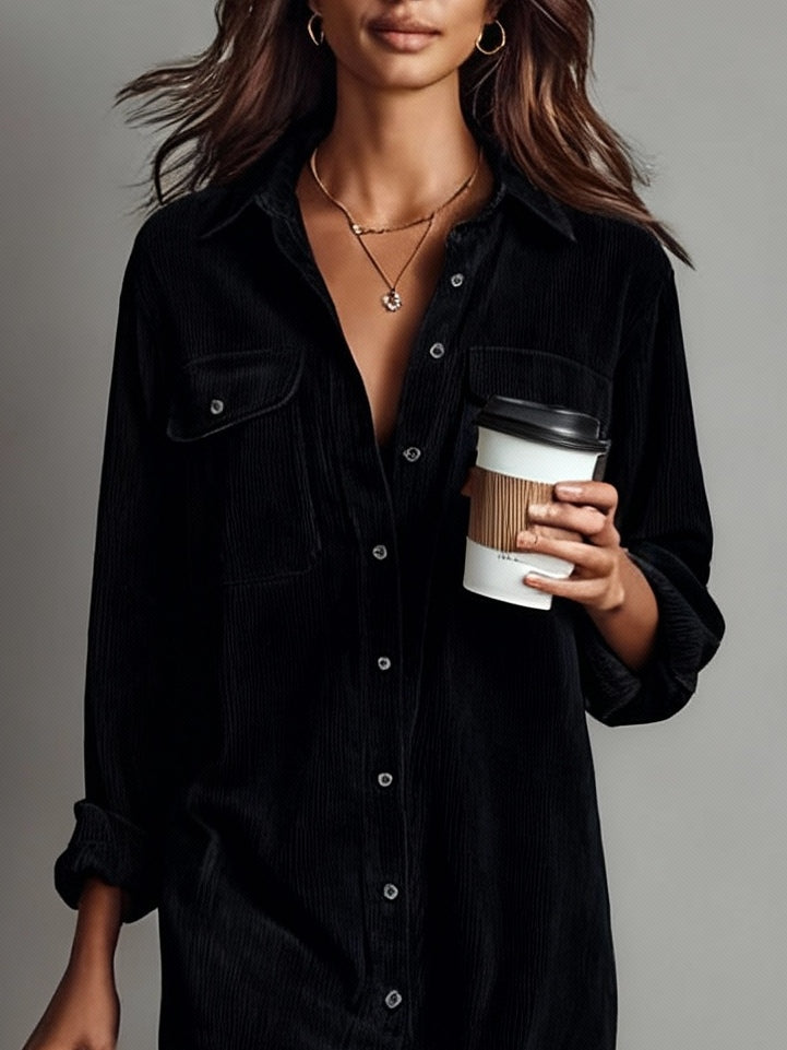 Emily – Loose Corduroy Midi Dress with Double Chest Pockets and Button Closure