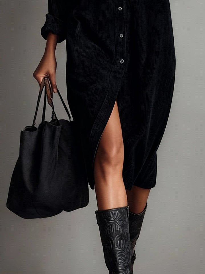 Emily – Loose Corduroy Midi Dress with Double Chest Pockets and Button Closure