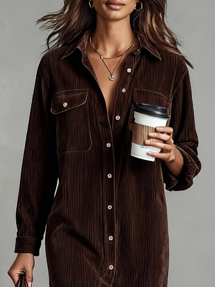 Emily – Loose Corduroy Midi Dress with Double Chest Pockets and Button Closure