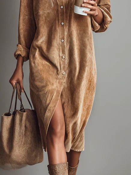 Emily – Loose Corduroy Midi Dress with Double Chest Pockets and Button Closure