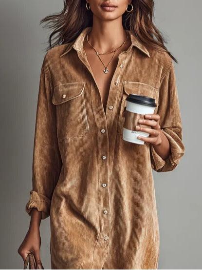 Emily – Loose Corduroy Midi Dress with Double Chest Pockets and Button Closure