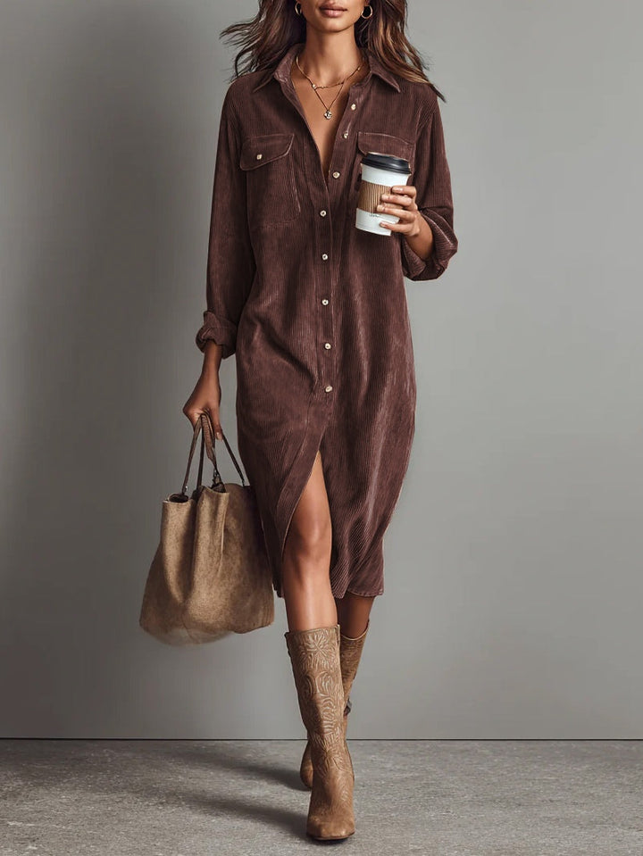 Emily – Loose Corduroy Midi Dress with Double Chest Pockets and Button Closure