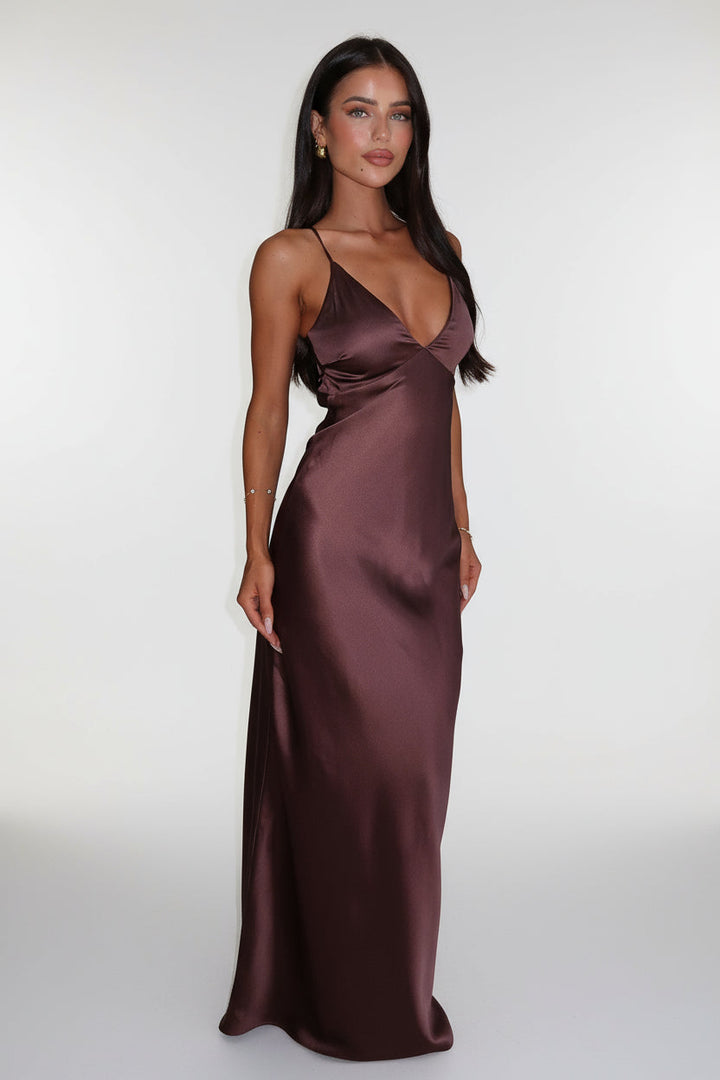 Isadora™ | Mocha Luxe Satin Maxi Dress