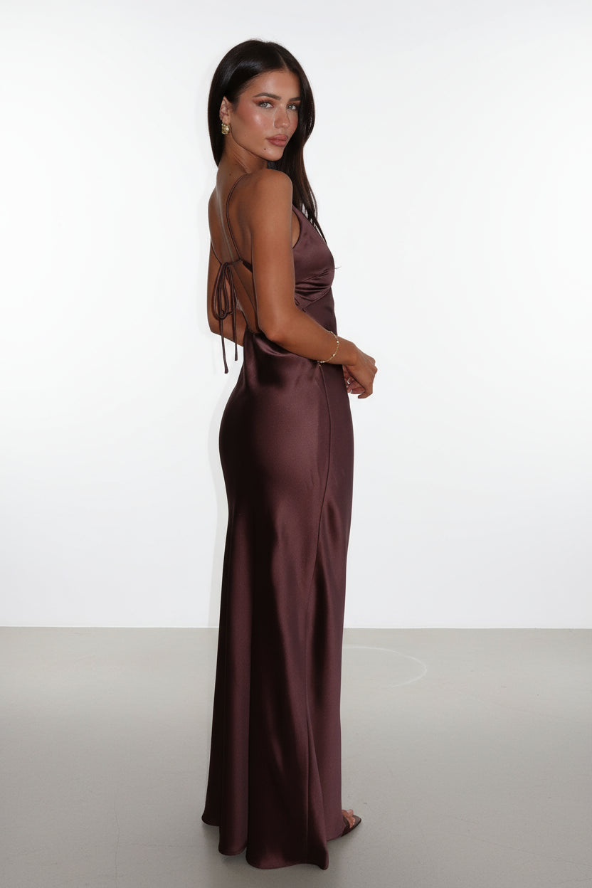 Isadora™ | Mocha Luxe Satin Maxi Dress